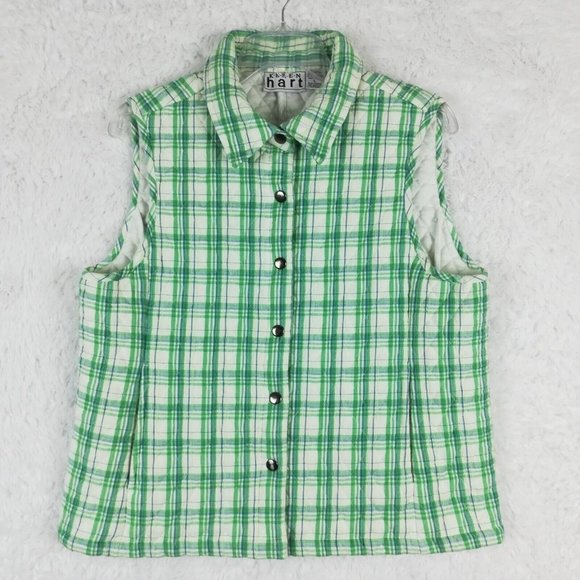 Keren Hart Womens Vest Quilted Snap Up Green Plaid Pockets Lined Sleeveless‎ L - Picture 1 of 13